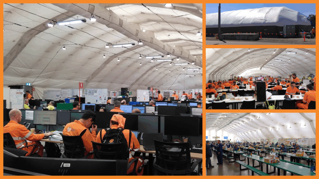 Photos of inside the D.A.S. (Dynamic Air Shelter) fitted as an office and a crib area for workers